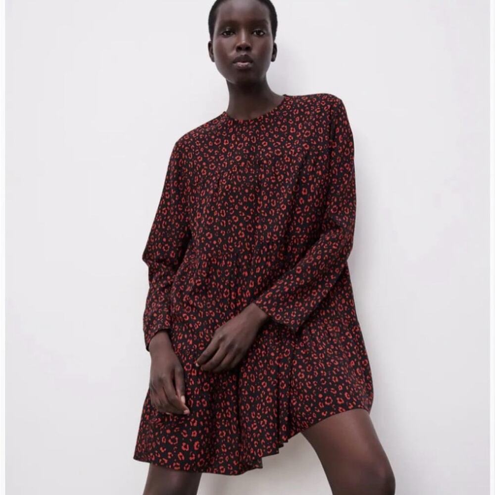 Zara Red and Black Long Sleeve Dress